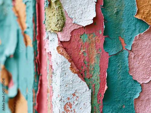 Colorful peeling paint showing layers of texture on a wall in a forgotten building during daylight hours
