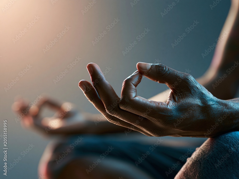 Naklejka premium Meditation practice with hands in mudra position in a dimly lit space at twilight