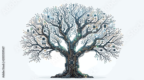 Conceptual digital tree formed by complex electronic circuit boards