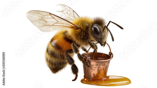 Obraz na płótnie Isolated honey bee carrying a small distressed copper bucket brimming with sweet golden honey