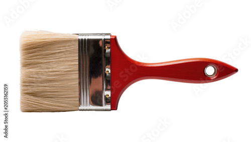 Isolated new natural bristle paint brush with red wooden handle for professional painting tasks