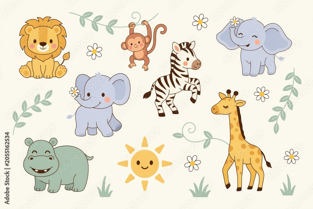Naklejka premium Cute jungle animal set featuring a lion, monkey, zebra, elephant, giraffe, and hippo with sun and flowers on a light cream background, for kids