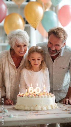 Happy family celebrating a 60th birthday with a cake and candles, surrounded by colorful balloons and joyful smiles. Three generations share a special moment together at home