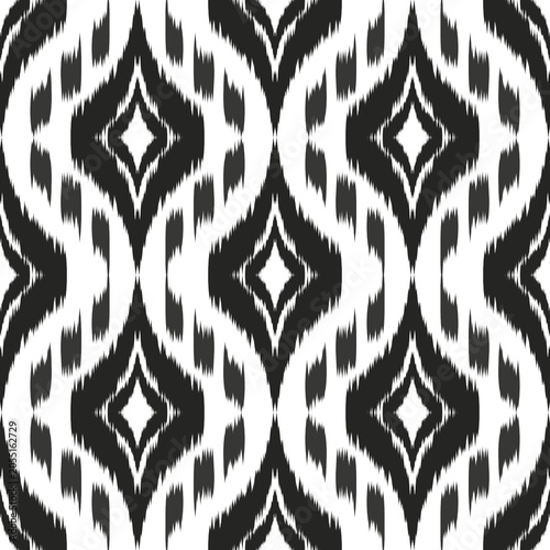 Black Seamless Oriental Ikat Design with Geometric Ethnic Motifs