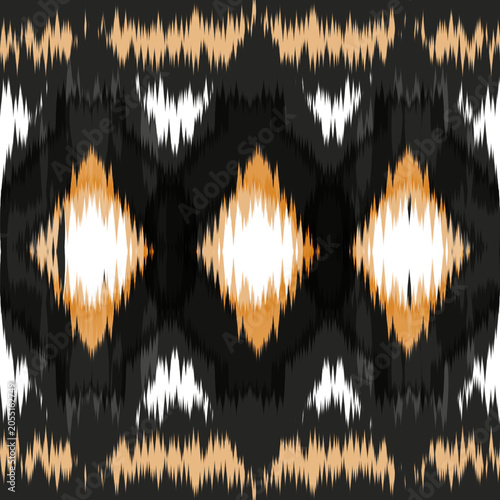 Seamless Oriental Ikat Design with Geometric Ethnic Motifs in Earth Tone Colors on black background