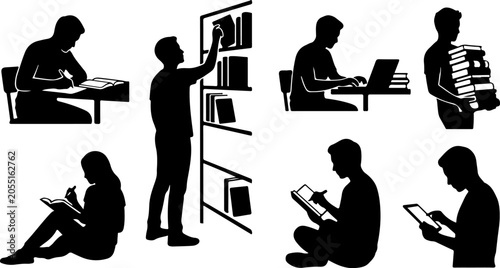 Set of silhouettes of students studying and reading books in library vector illustration