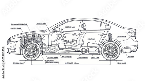 Car Cross Section Blueprint - Automotive Engineering Diagram