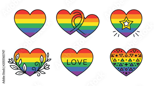 Rainbow Heart Icons Set: Love, Diversity, LGBTQ+ Pride Symbols