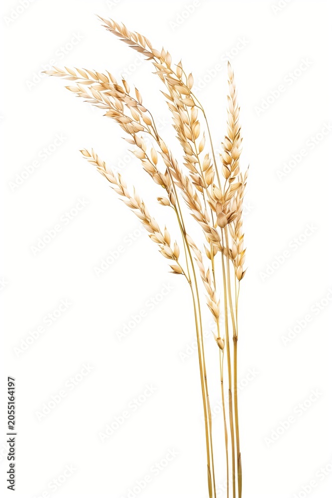 Obraz premium Golden wheat stalks isolated on a white background, with delicate seed heads and tall stems for a simple natural сель style look