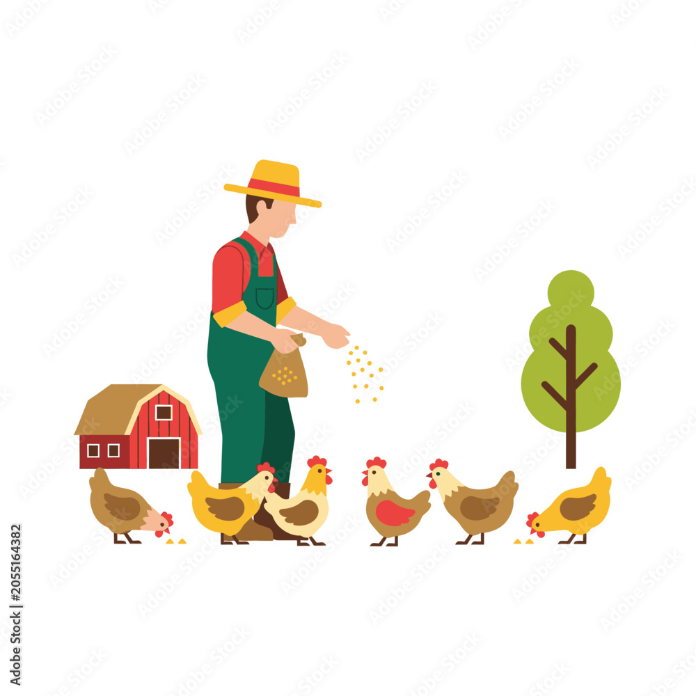 Fototapeta premium Farmer feeding chickens in the countryside on a sunny farm scene illustration