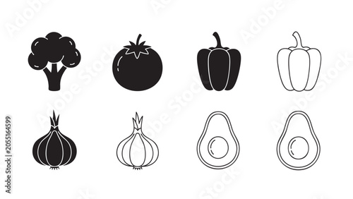 vegetables and fruits icons including broccoli, tomato, pepp