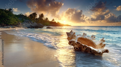 Large sea shell rests in shallow ocean water near a tropical shoreline during sunrise