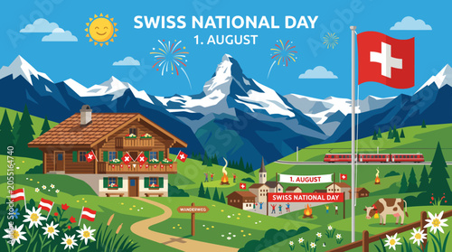 Swiss National Day celebration with alpine mountains, traditional wooden chalets, green pastures, and flags on August first in the scenic Alps