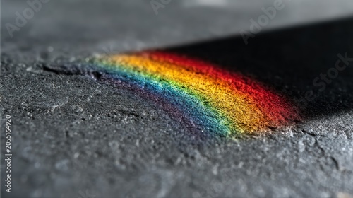 Refraction of light produces a vibrant spectrum across a rough, dark surface.