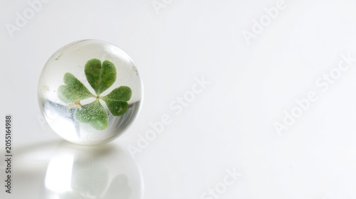 fourleaf. A glass marble containing a small four-leaf clover on a white background. gardening catalogs, home-decor guides, designed for gardening and botanical catalogs, used by hospitality managers.
