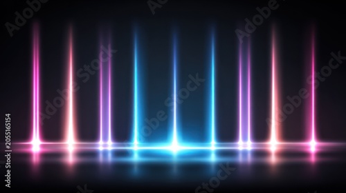 Vertical beams of multicolored luminescence project from a dark reflective surface.