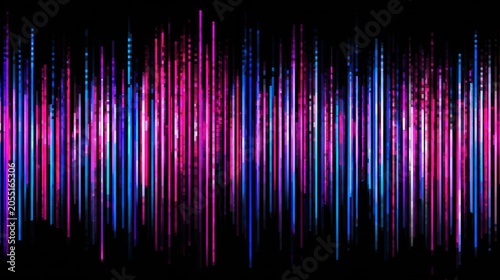 Bright vertical lines of magenta and cyan illuminate a dark background in a dynamic display