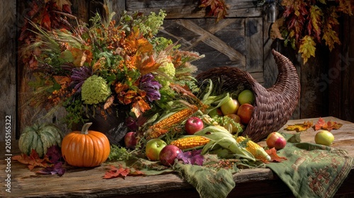 Harvest bounty arrangement overflowing from a woven horn of plenty sits upon rustic wooden surface