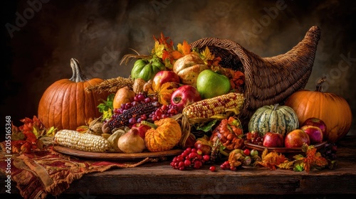 Abundant harvest display overflows from a woven horn overflowing with seasonal produce