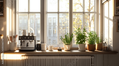 Sunlit kitchen windowsill with potted houseplants and morning coffee setup