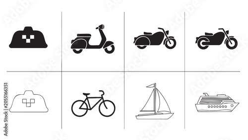vehicles icons black and line, isolated vector set