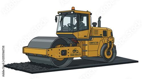 Obraz na plátně Yellow steamroller compacting asphalt on road construction site, heavy machinery
