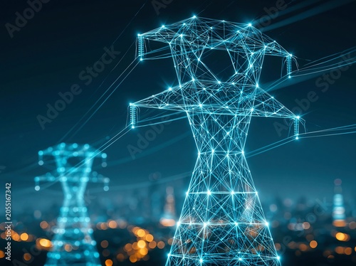 Power transmission towers at night with digital connections visible in a city setting