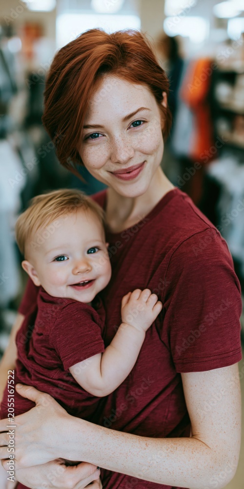 Fototapeta premium Smiling young mother holding baby in matching burgundy shirts for family lifestyle background and parenting banner or childcare design