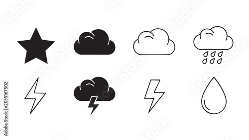 weather icons showing star, clouds, rain, lightning, and dro