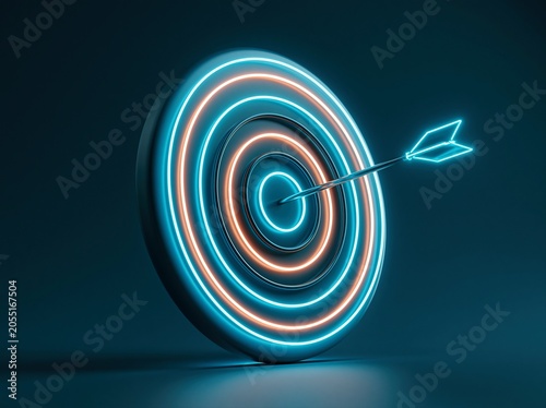 Target with glowing rings and a single arrow hitting the center, designed in a digital art style