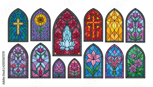 Fotografie Stained glass cathedral window vector illustration set