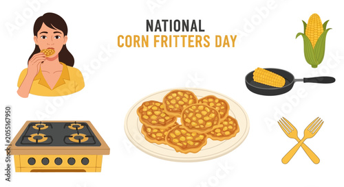 Obraz na plátne A graphic featuring text NATIONAL CORN FRITTERS DAY with illustrations of a woma