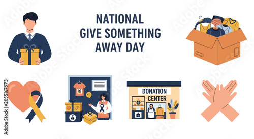 Obraz na płótnie A graphic featuring a man with a gift a box of clothes a heart a donation center