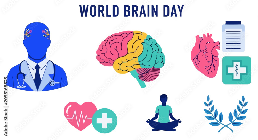 Fototapeta premium Graphic art for World Brain Day featuring a doctor icon a colorful brain illustration medical symbols and a person meditating