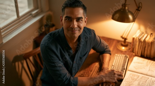 Man smiles warmly at camera while seated at wooden desk. Warm light from lamp and window illuminates cozy, book-filled workspace. He appears focused and content, surrounded by papers and vintage books
