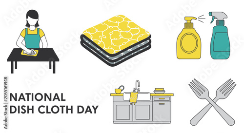Icons representing National Dish Cloth Day include a person cleaning folded cloths cleaning agents and forks