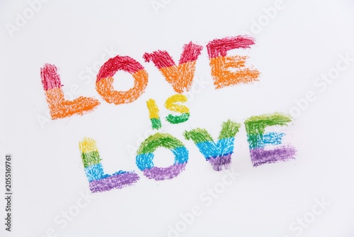 Rainbow chalk drawing of Love is Love message on a white background