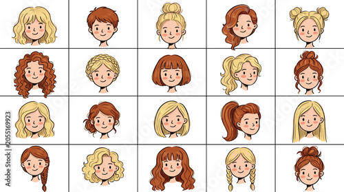 Cute cartoon girl avatars with diverse hairstyles and hair colors hand drawn doodle female faces character design set vector illustration