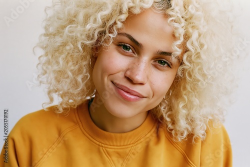 Young woman with blonde curly hair and a warm smile wearing a yellow sweatshirt