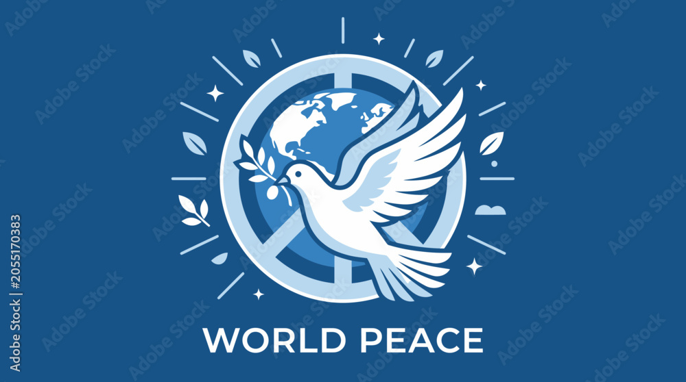 Naklejka premium World peace concept illustration with a white dove holding an olive branch in front of a peace symbol and earth globe on blue background