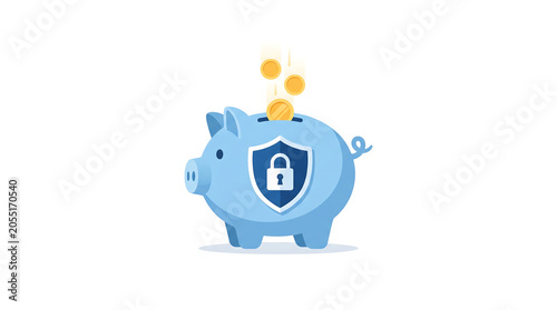 Secure savings, protected wealth, blue piggy bank, financial security, shield icon
