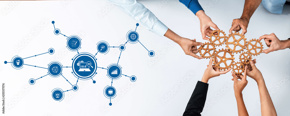 Fototapeta premium A visual representation of teamwork in a business setting, showcasing hands assembling gears with network icons to symbolize collaboration and innovative strategies for growth. Amity