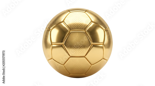 A shiny golden soccer ball with hexagonal and pentagonal panels, isolated on a clean white background, symbolizing victory and excellence in sports.