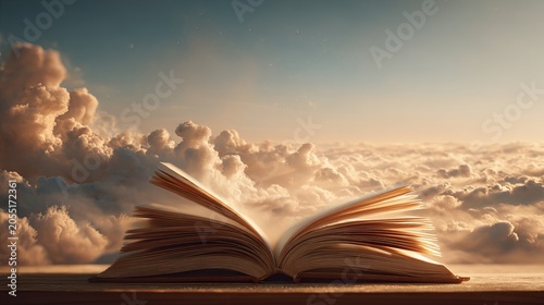 Open book transforming into glowing clouds at sunrise, imagination, knowledge, and storytelling concept