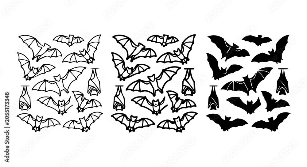 Fototapeta premium Bat icons set outline and solid, white background, vector Illustration