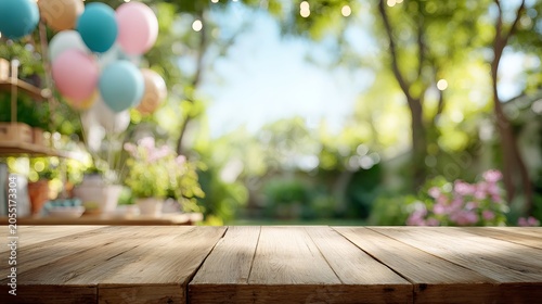 Empty wooden table with copy space in garden party setting, colorful balloons, and festive outdoor celebration background.