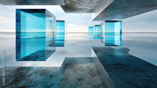 Transparent blue rectangular prisms float within a stark concrete architectural structure above a reflective surface.