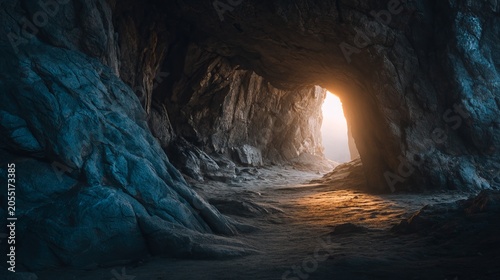 Sunlit cave tunnel with rocky interior leading to bright exit, dramatic underground landscape, and adventure exploration concept.