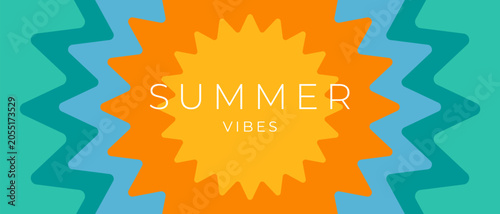 Abstract minimal summer vibes promo ads design template horizontal poster, cover, banner, card with bright sun in the modern typography. Summer holidays, journey, vacation travel illustration.