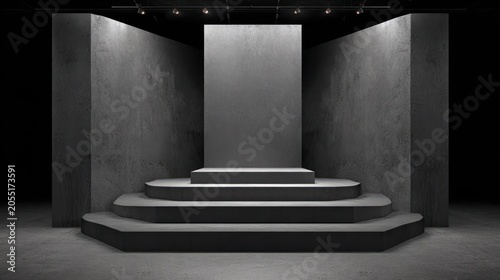 Interior architectural presentation stage features curved concrete steps leading to a central backdrop
